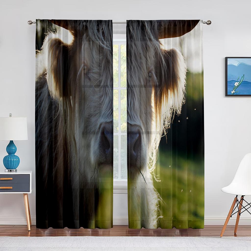 Highland Cow Sheer Voile Curtain Farmhouse Western Cattle Bull Window Tulle Curtains for Living Room Bedroom Kitchen Decoration