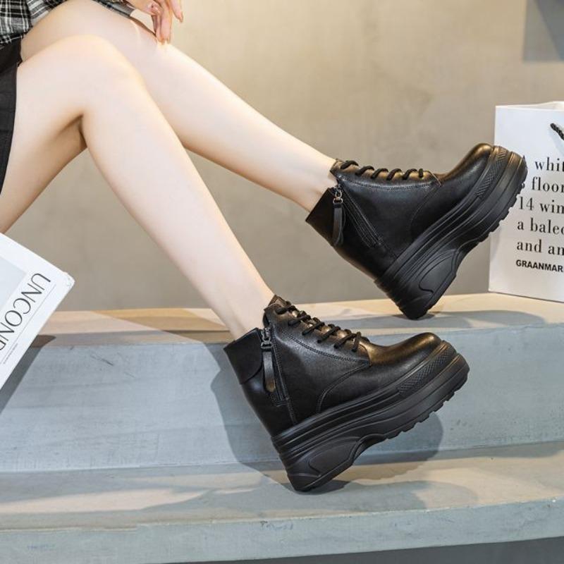 Fashion 11CM Womens Ankle Boots Round Toe Zip And Lace Up 7cm Heel Non-Slip Platform 2025 Fashion Shoes For Woman Casual 35-40