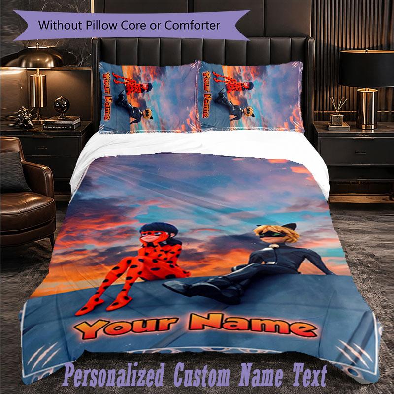 Personalized 3Pcs Bedding SetMiraculous Ladybug Custom Text Duvet Cover Pillowcase Set Bedroom Gift
