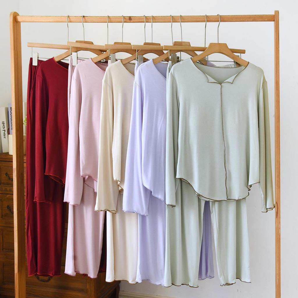 Women's Spring/Autumn Modal Pajama Set: Padded Cup, Long Sleeve, Long Pants, Side Pocket, Loose Fit - Wear Indoors or Out.