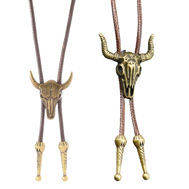 Vintage Bull Head Design PU Leather Necktie For Men Women Lightweight Alloy Accent Durable Fashion Accessory