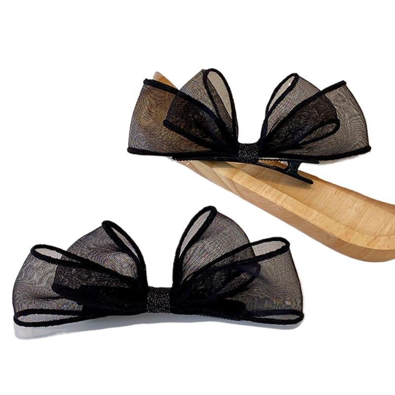 2PCS Three Dimensional Mesh Bow Hairpin, Sweet Super Fairy Black Side Clip Headdress Duck Beak Clip