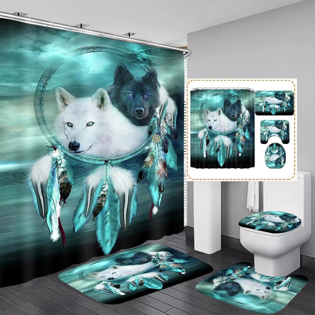 Mystery Wolf Animal Printed Shower Curtain Set With Bath Mat Anti-Slip Toilet Lid Cover Bathroom Set Carpet Home Decoration