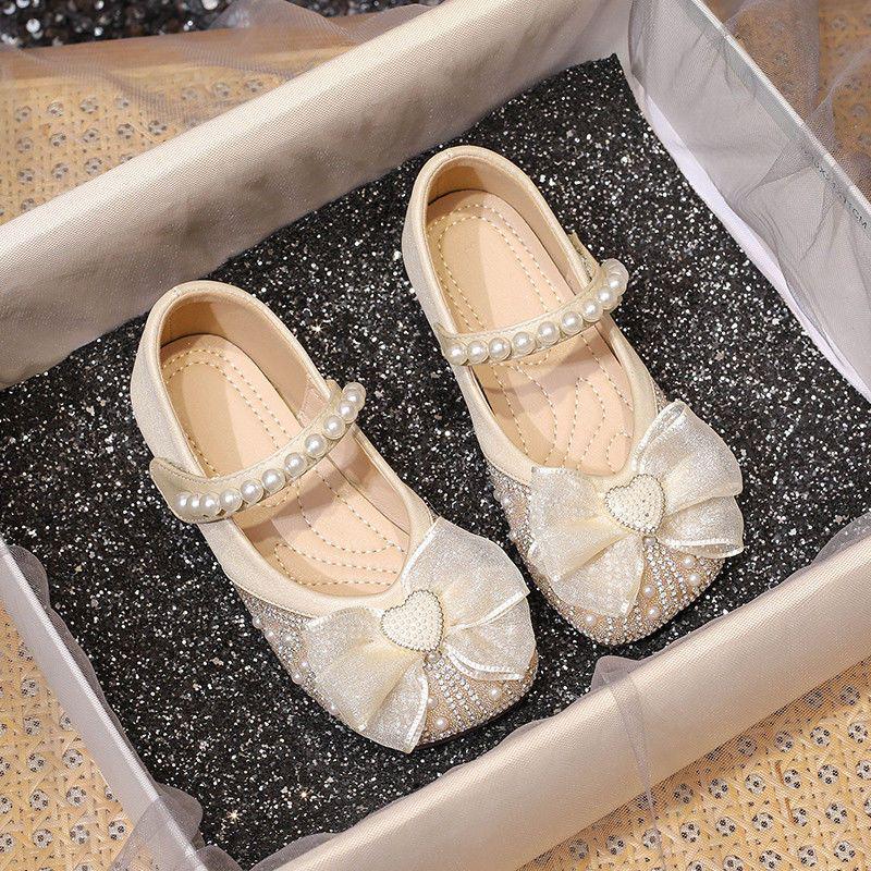 2026 Spring Girls' Princess Pearl Bow Leather Dress Shoes with Rhinestones - Korean Style, Soft Sole
