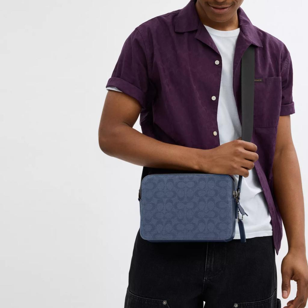 Coach Charter 24 Brand Micro Logo Adjustable Shoulder Strap Floral Canvas And Leather Crossbody Bag Medium Men crossbody bag Blue CU475-D61