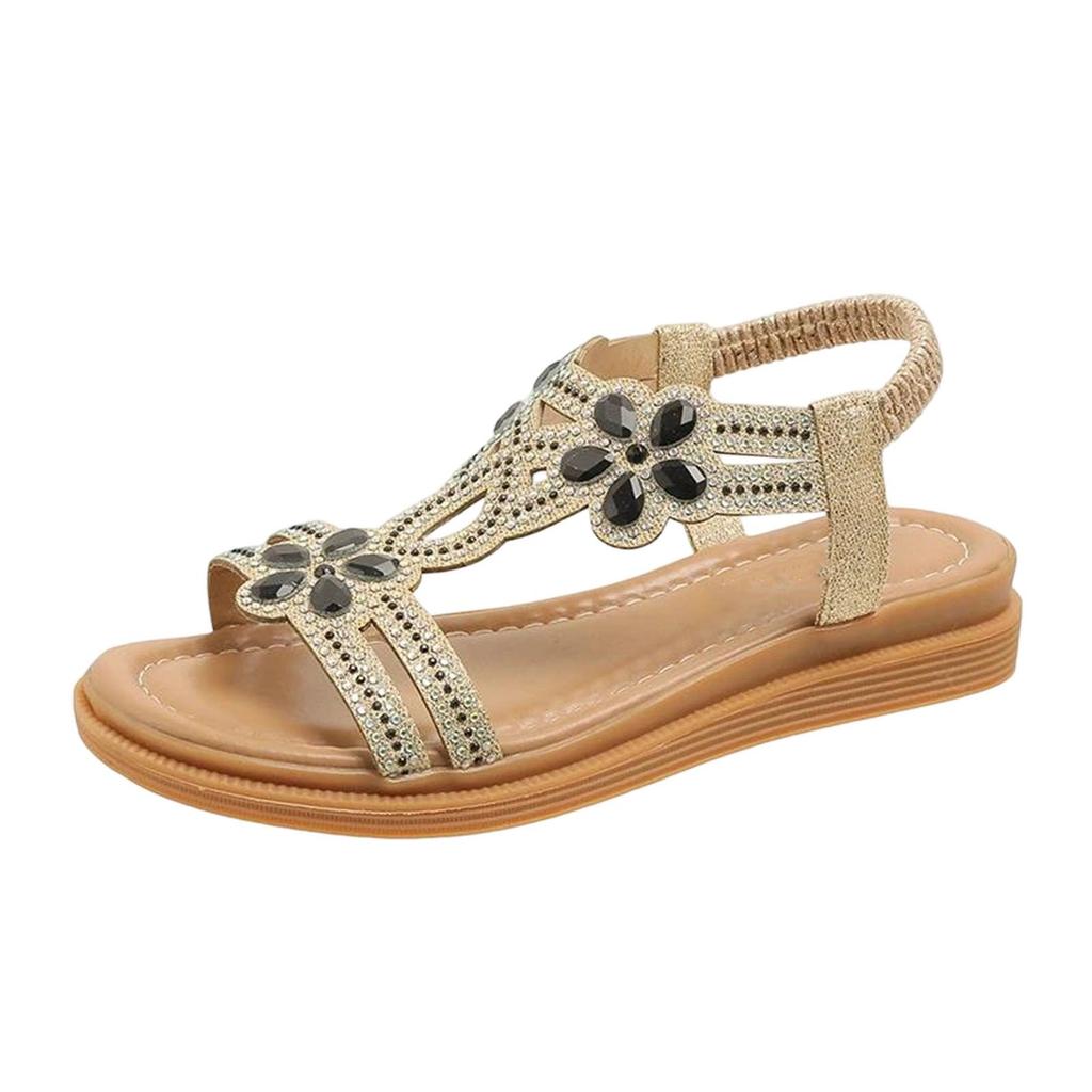 Damen-Flatsandalen mit Blumenmuster und Strasssteinen, offene Zehenpartie, Fersenriemen, Strandschuhe, Bequeme Freizeit-Schuhe für draußen und den täglichen Gebrauch