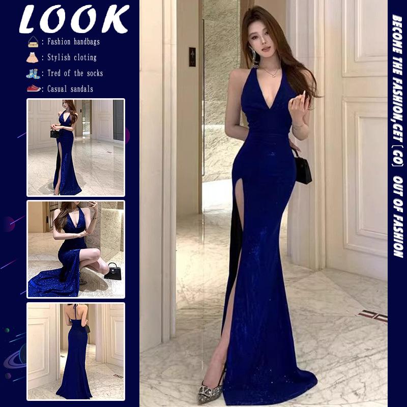 Summer new French temperament design sense sparkling V-neck neck split fork slim slim dress women s clothing s [excellent quality]