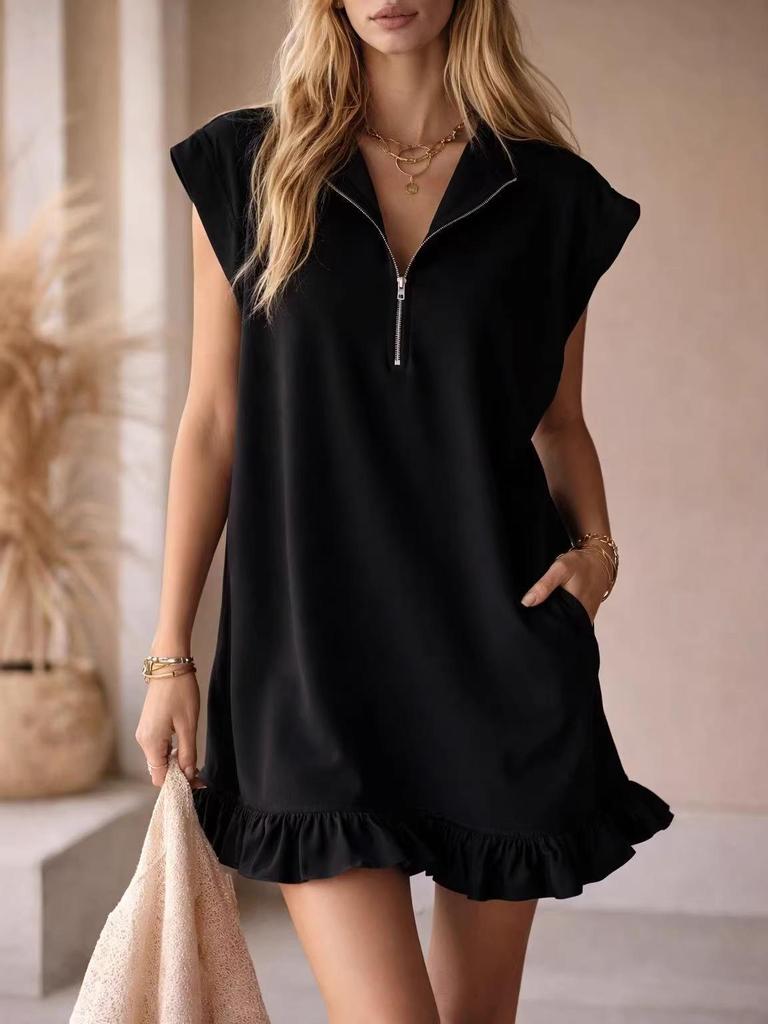 2026 Spring/Summer Women's Sleeveless Zipper V-Neck Ruffle A-Line Dress with Double Pockets