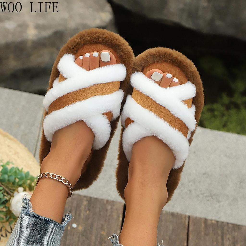 Women Cross Strap Fluffy Slippers Patchwork Platform House Shoes Non-Slip Comfortable Indoor Outdoor