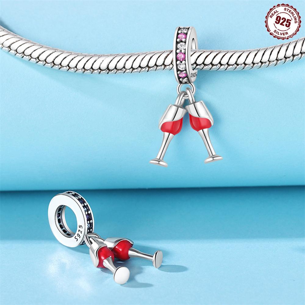 Original Copper Charms Luxury Red Wine Toasting Pendant Beads Fit Bracelet Diy Women Making Delicate Gift