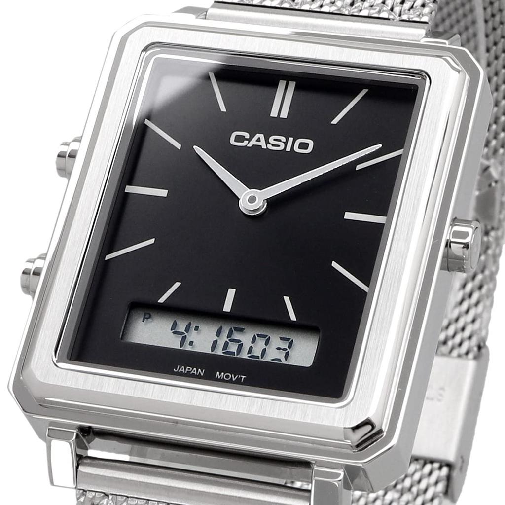 Casio Standard Analog-Digi Rectangular Face Men's Watch MTP-B205M-1E with Stainless Steel Mesh Band, Black, Overseas Model [Parallel Import]