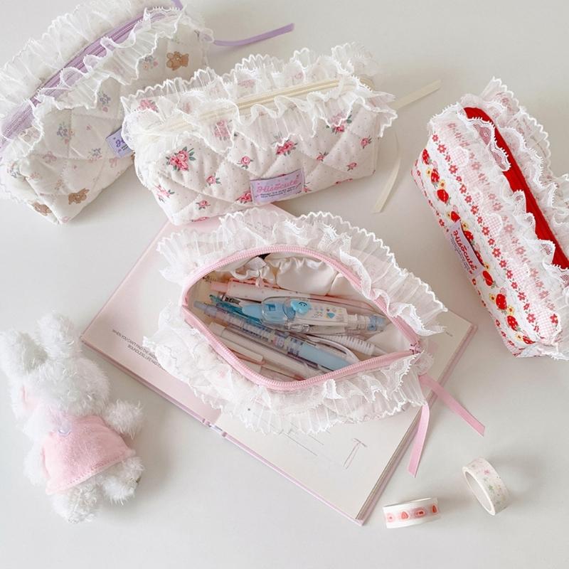 Quilted Pencil Pouch Bag Zippers Pen Case with Lace Trim, Stationeries Organizers for Students, Desk and School Bag Carry