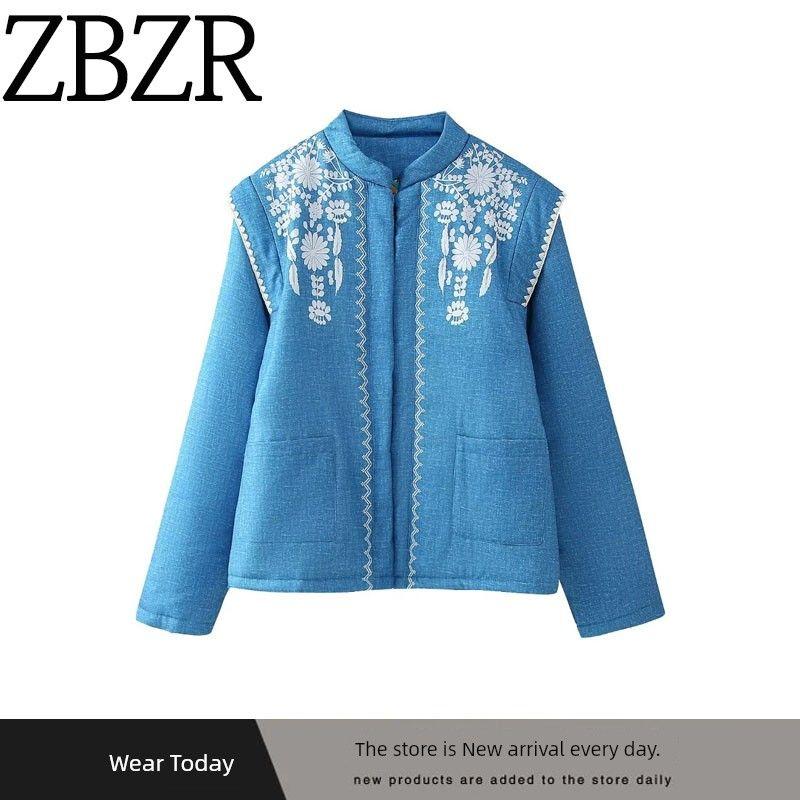and Winter New Arrivals Women's Clothing Zr European and American Style Export Fashion Versatile Printed Denim-Colored Cotton Long-Sleeve Jacket