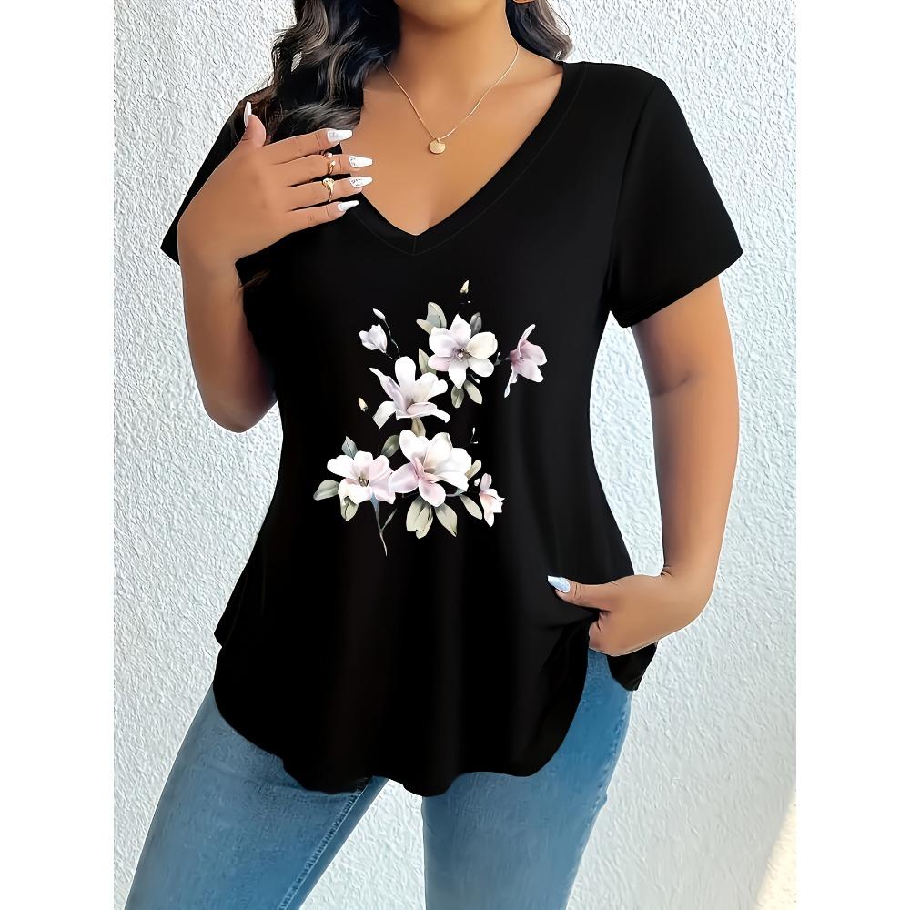 [Plus Size Elegant] Plus Size Elegant V-Neck T-Shirt | Women s Short Sleeve Comfortable Loose Fit Slightly Stretchy Printed Top Spring/Summer S