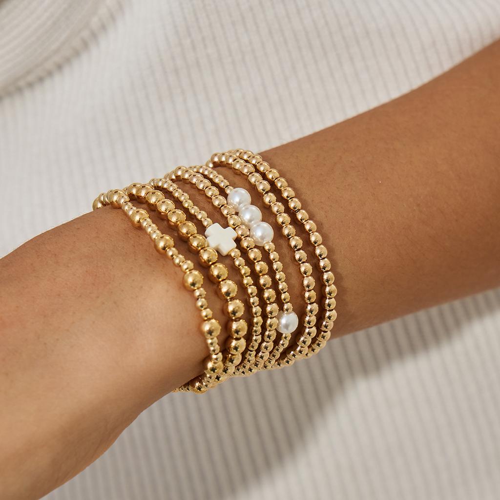 Bohemian Imitation Pearl Rice Bead Beaded Bracelet, Personalized Acrylic Cross Elastic Bracelet.