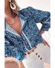 Azura Exchange Blue Floral Ric-rac Patchwork Button Loose Fit Shirt