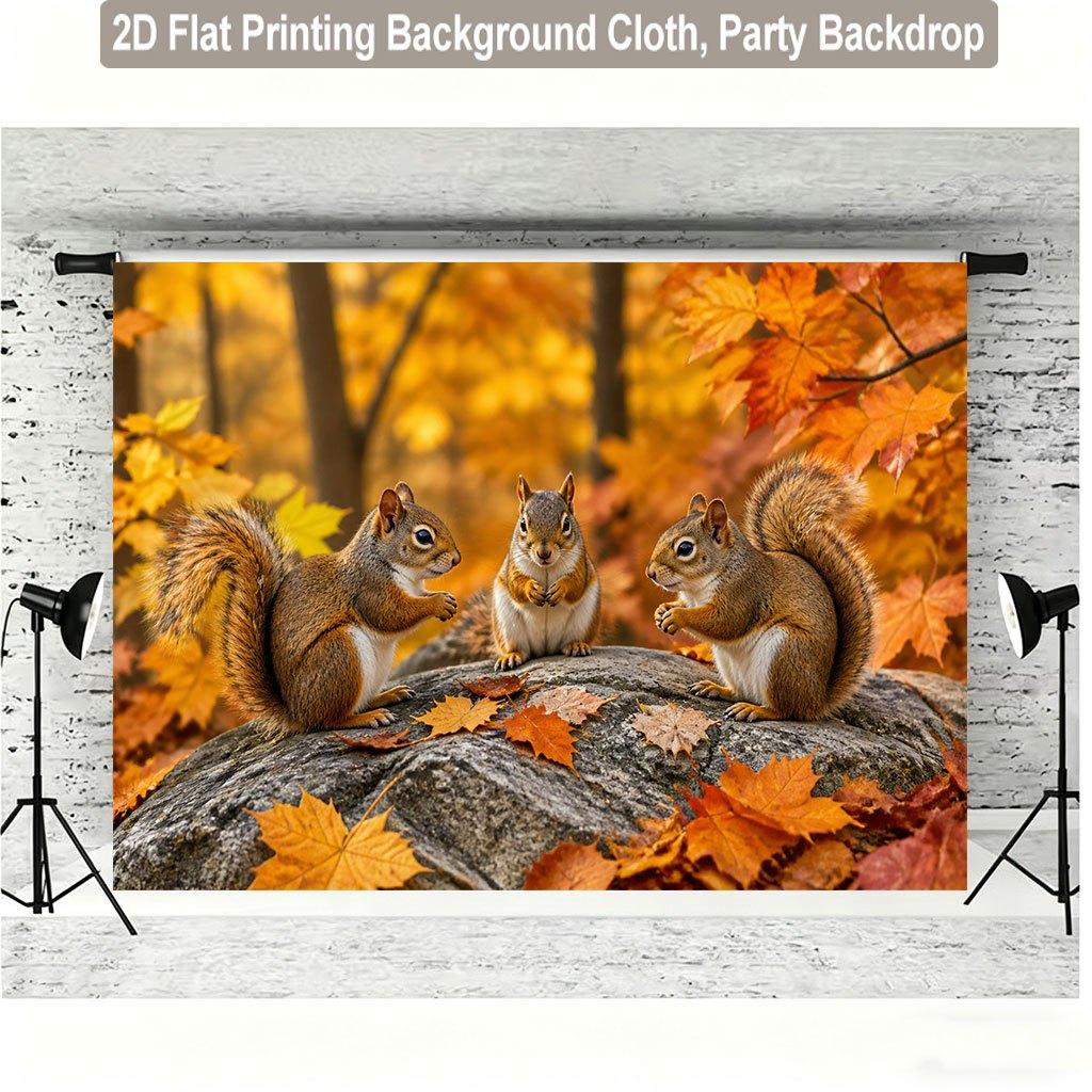 1 piece of 2D flat background fabric a scene background fabric of squirrels playing in the autumn woods wooden board wall.PMJ