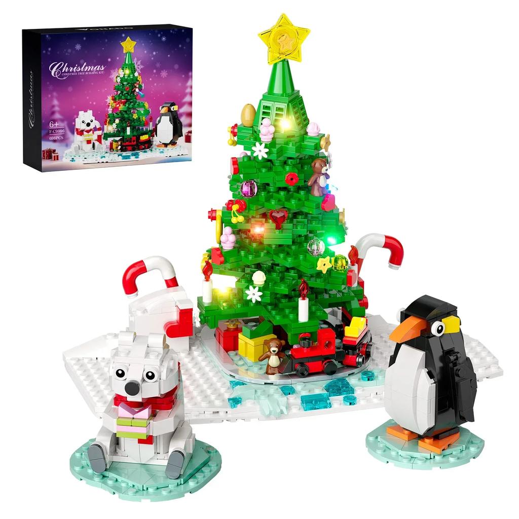 New Years Winter Christmas Tree Building Blocks Set Lighting Penguin Snowman Santa Claus Bricks DIY Toys Children Xmas Gifts