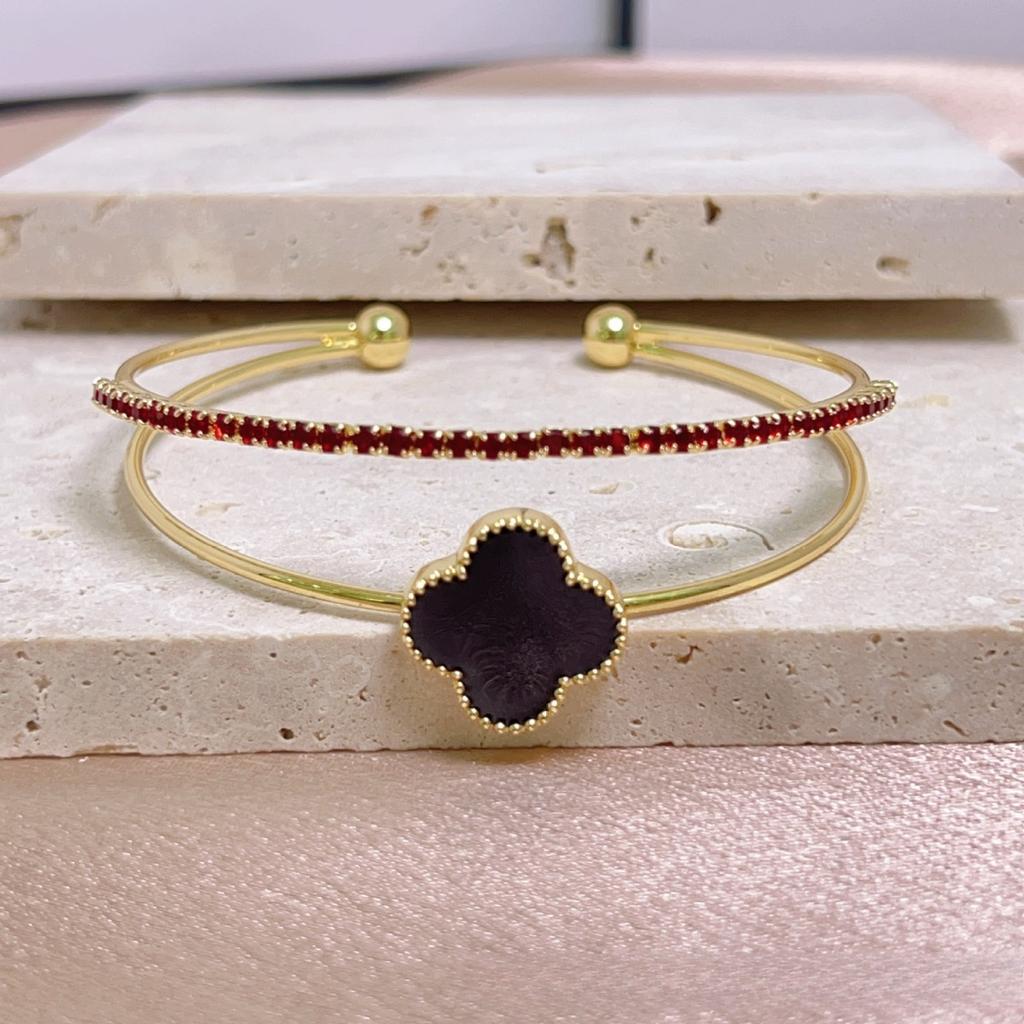 Brățară Premium Trifoi cu Patru Foi Zirconiu Strat Dublu Brățară cu Deschidere Ajustabilă Lux Non-Alergenic Brățară de Damă