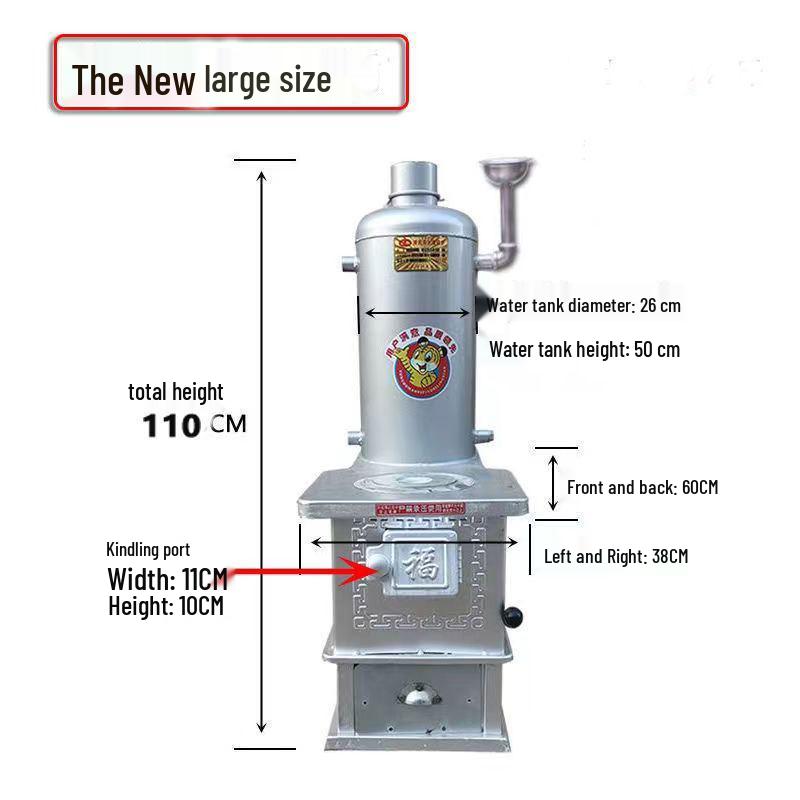 Indoor Coal-Burning Heating Stove with Chimney and Radiators, Includes Water Tank for Boiling and Cooking.