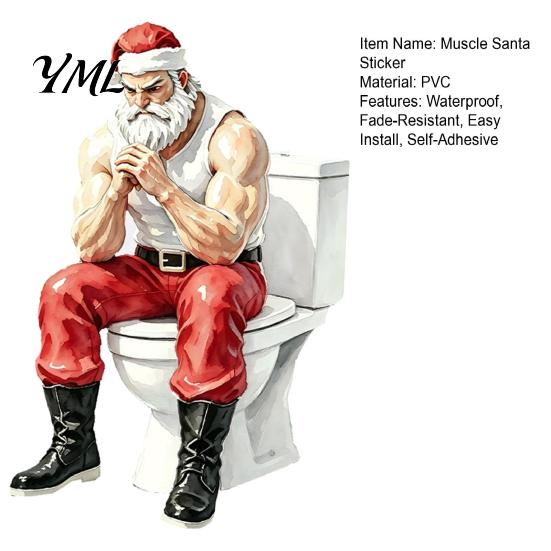 Creative Santa Claus Wall Murals Funny Muscular Toilet Seat Decal, Self?Adhesive PVC Christmas Muscle Decals Restroom Sticker, Humorous Bathroom