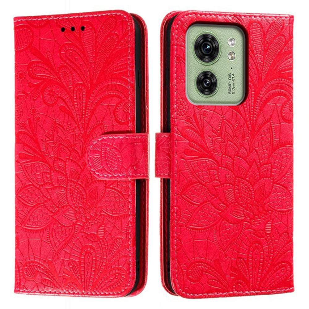 

For Motorola Edge 40 5G Case Lace Flowers PU Leather Flip Wallet Phone Cover Red