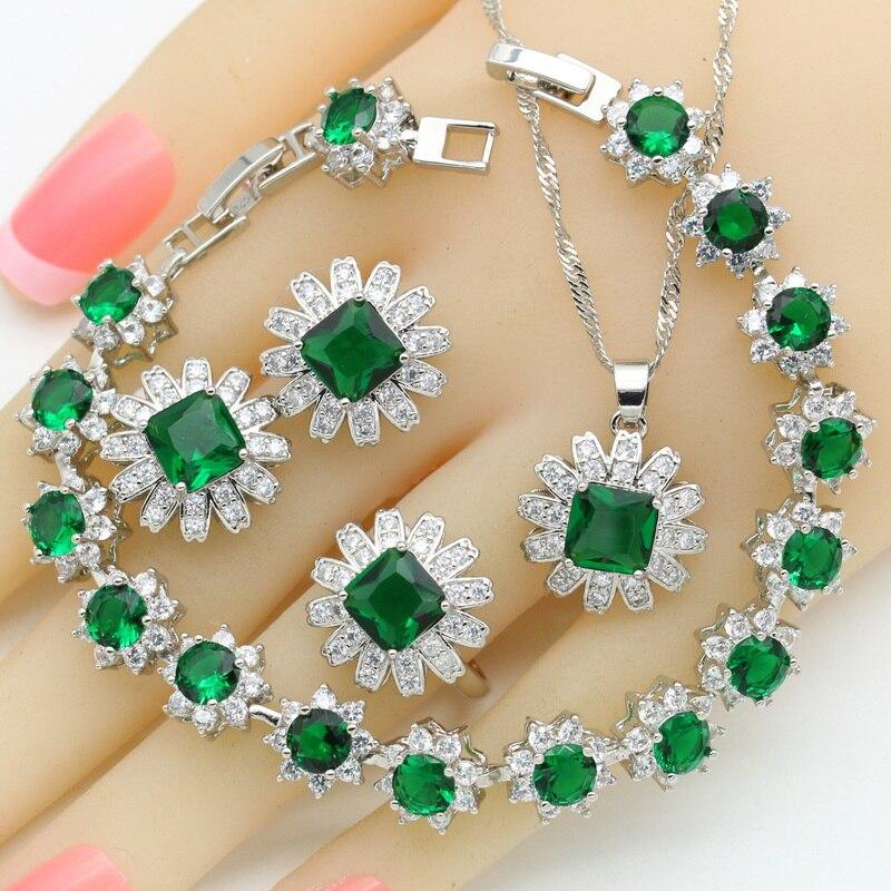 

WPAITKYS2022 Новый Зеленый Цирконий Серебристый Цвет Ювелирные Наборы Для Женщин Свадебное Ожерелье Подвеска Браслеты Серьги-гвоздики Кольца