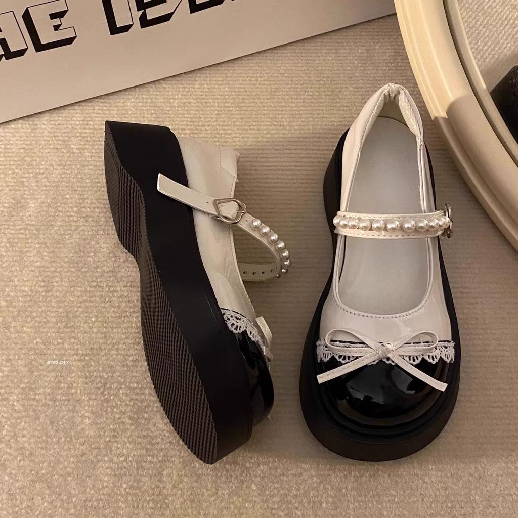 Bow Round Head Thick Sole Color Matching Small Leather Shoes Women's Summer New Pearl One-word Buckle Mary Jane Shoes