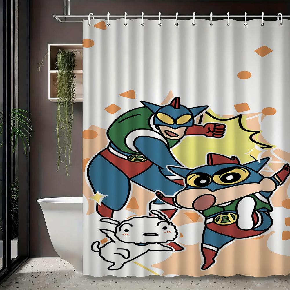 Crayon Shin-Chan & Friends School Uniform & Robot Statue Scene 2D Print Waterproof Shower Curtain, Blue & Yellow Bathroom Decor