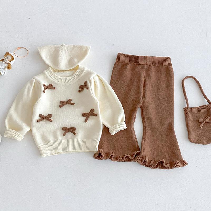 0-24M Baby Girls Knit Suit Fashion Baby Girls Clothing Sets Bow Knit Sweater+Bell-Bottoms Suit 2PCS Infant Girls Knit Tracksuits
