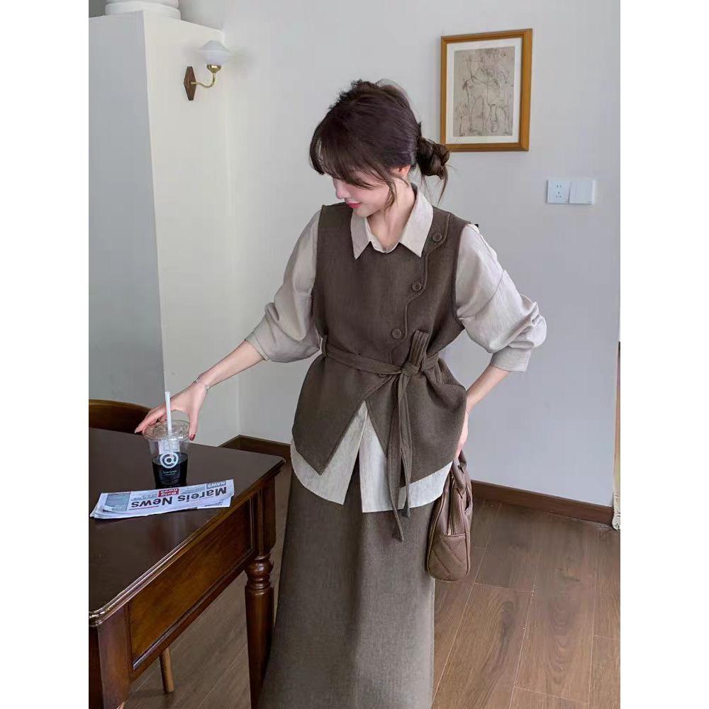 2025 Spring/Fall Women's Fashion Set: High-End Vest, Long Sleeve Shirt & High Waist Slimming Midi Skirt