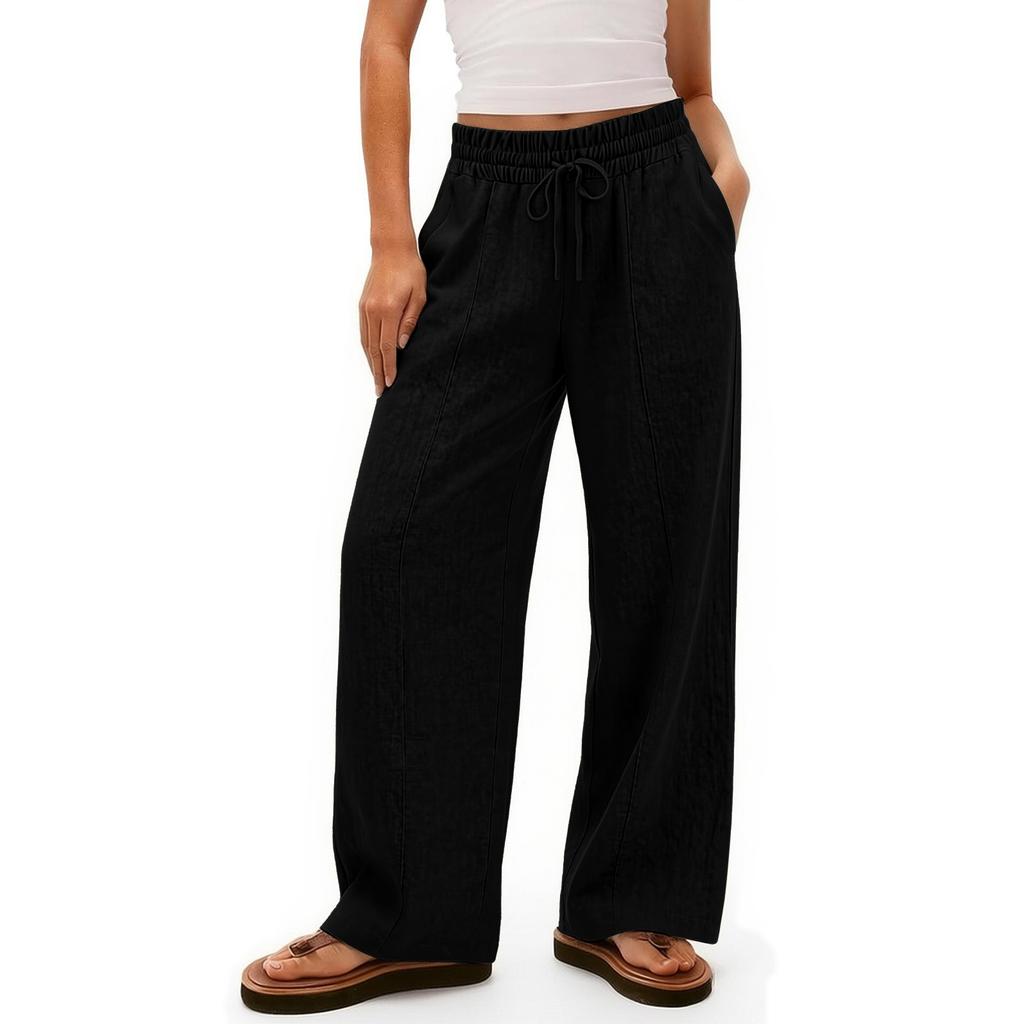 Linen Casual Wide Leg Pants For Women Elastic Waist Versatile Business Casual Work Palazzo Trousers With Pockets