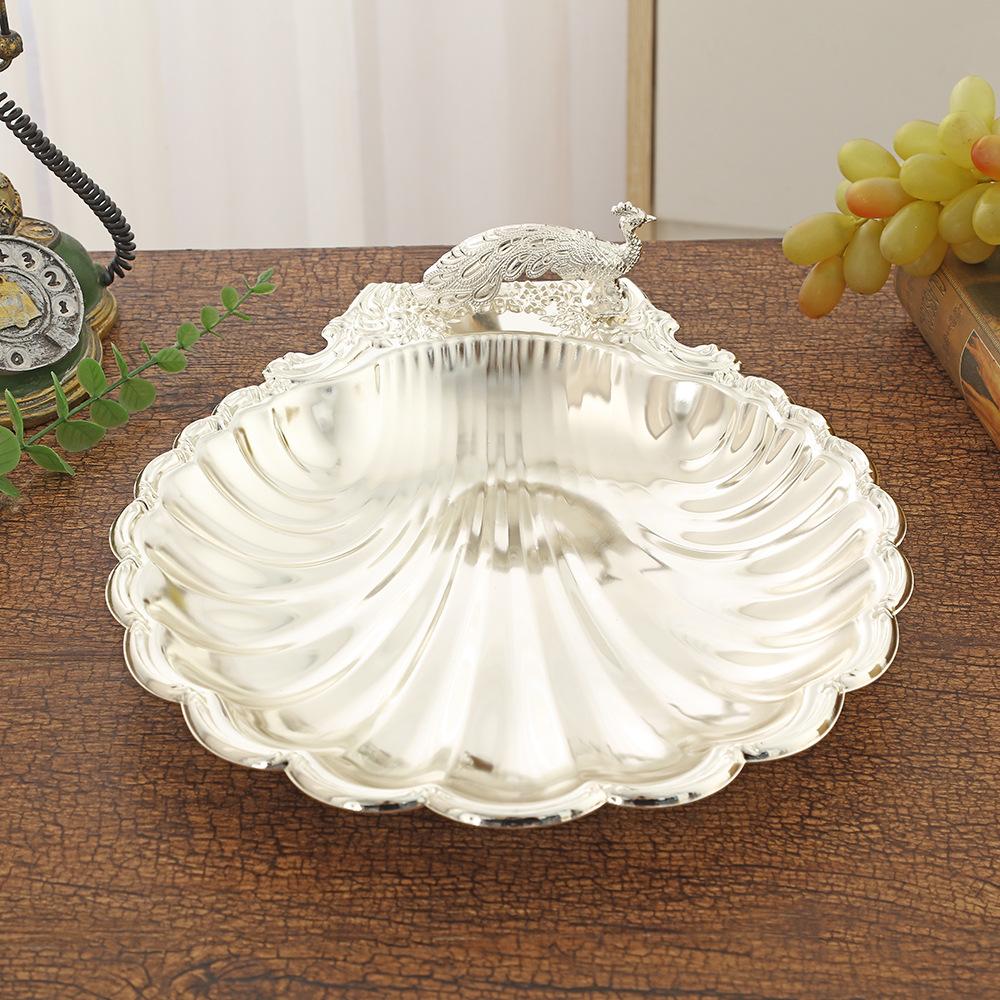 Golden Peacock Relief Design Shell Trays Decorative, Fruit Tray, Snacks, Metal Tray, Home Desktop Organizer, Kitchen Storage Box