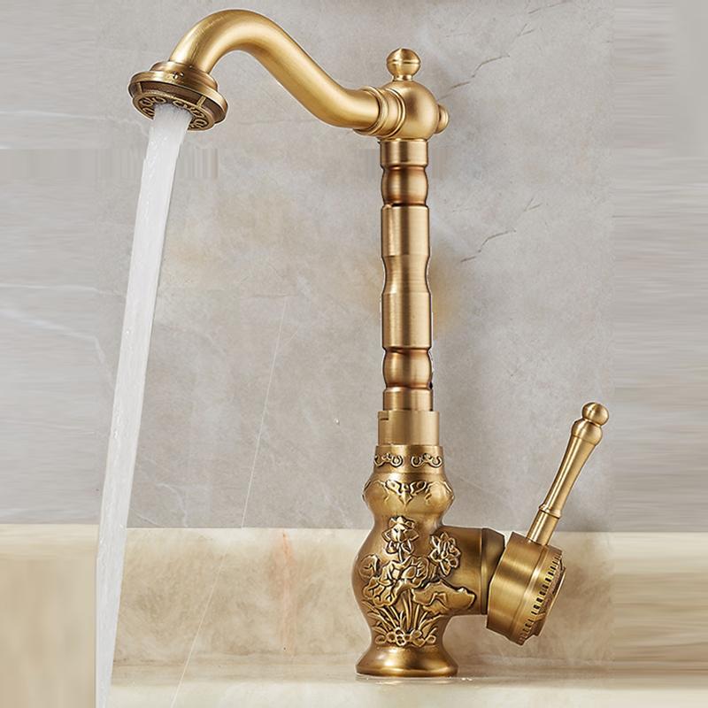 Antique Brass Basin Faucet Single Handle Mixer Tap Carving Design Rotatable Spout for Bathroom Vessel Sink