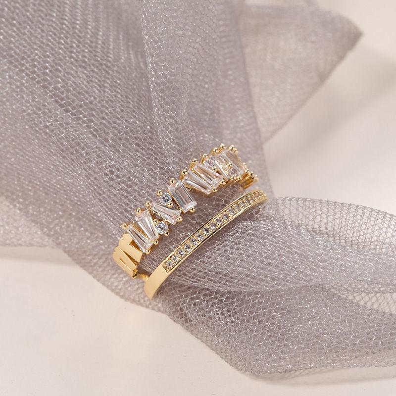 Light Luxury Copper Ring With Zircon Stones, Featuring An Elegant And Sophisticated Design, Adjustable Open Band For Women. One Size золотой