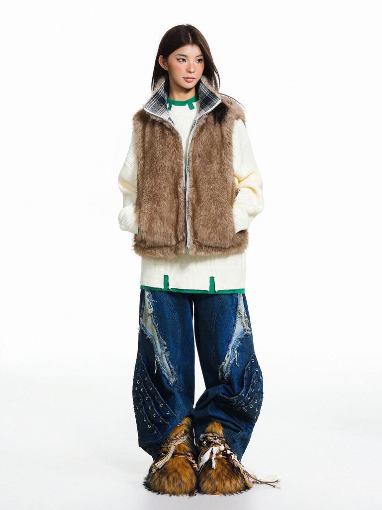 Gilet Reversibile a Quadri Stile Retrò Americano Unisex 2025, Giacca Calda Senza Maniche Larga in Cotone per l'Inverno