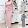 Womens Two Piece Sets Sexy Elegant Striped Knitted Long Sleeved Crop Top and Long Skirt Set New Fashion Casual Sets
