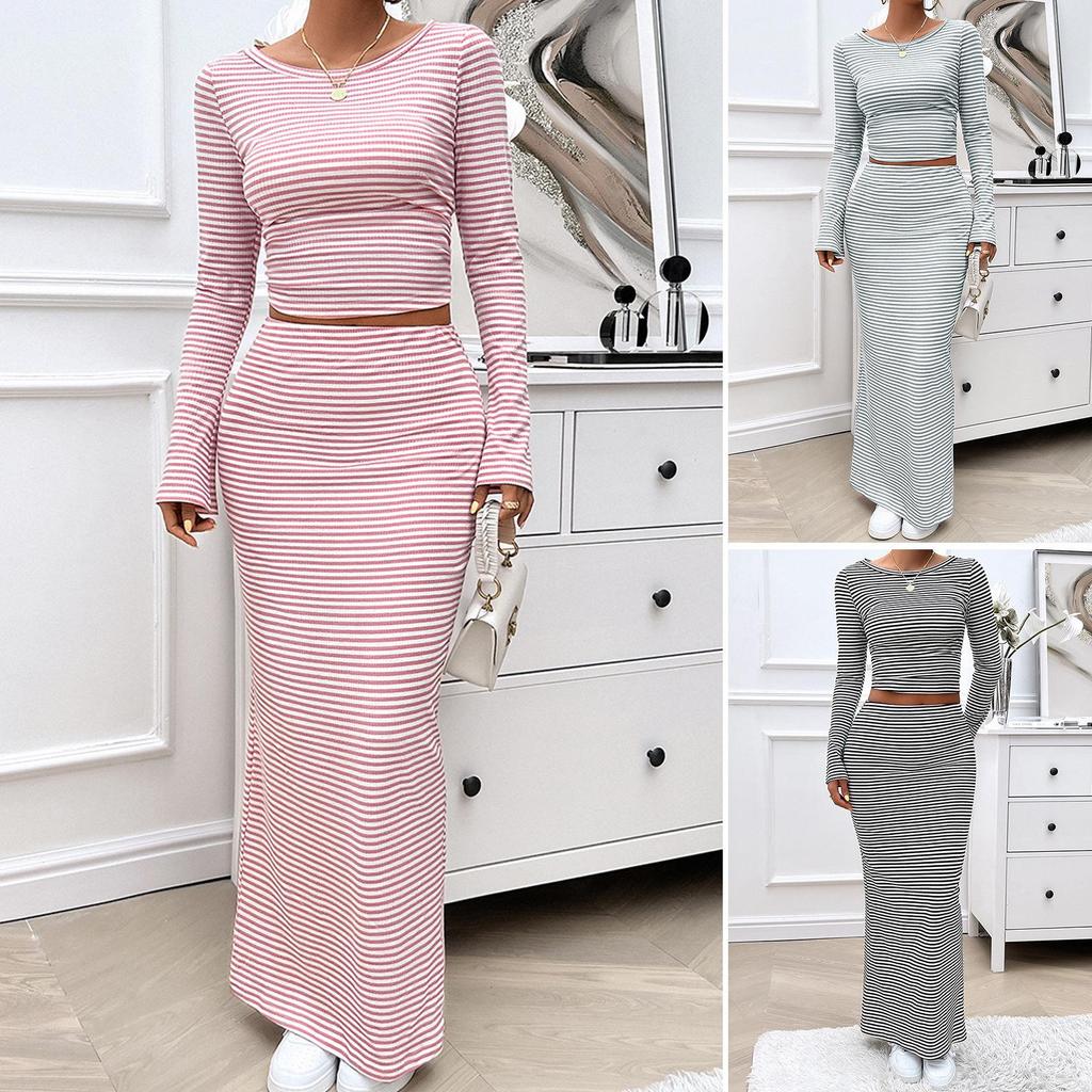 Womens Two Piece Sets Sexy Elegant Striped Knitted Long Sleeved Crop Top and Long Skirt Set New Fashion Casual Sets