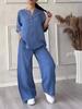 Women 2-Piece Outfit Long Sleeve Button Blouse & Wide Leg Pants Set Casual Solid Linen Look Suit S-5XL