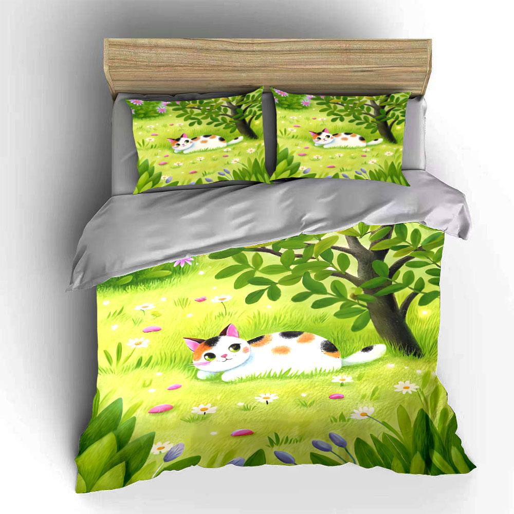 Cute Cat In Meadow. Print Bedding Set 1 Duvet Cover 2 Pillowcases for Adult and Children Luxury Gift Full Size