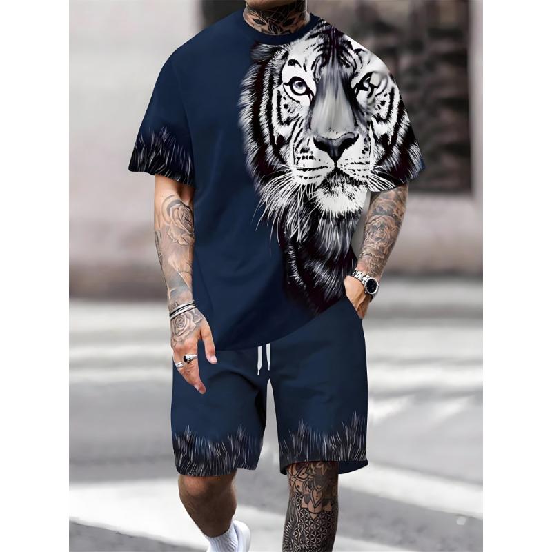 Modisches Löwen Tiger Tier Grafik T-Shirt Shorts Set Sommer Kurzarm Oberteil Kordelzug Shorts 2-teiliges Set Herren Sportbekleidung Anzug