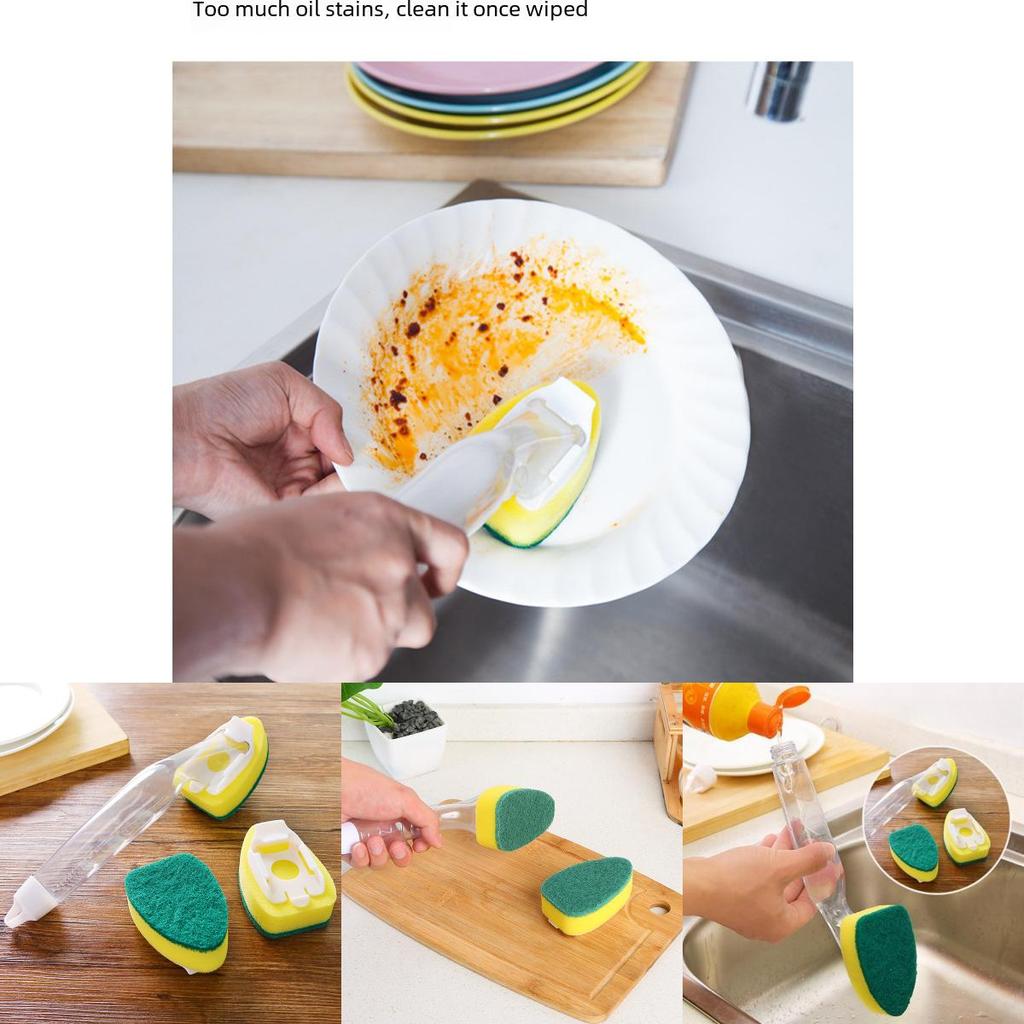 Kitchen Cleaning Sponge Brush With Extended Handle And Detergent Dispenser