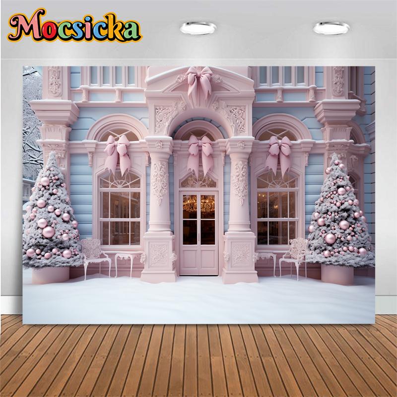 Mocsicka Christmas Backdrop Photography House Pink Bow Xmas Tree Snow Decorations Family Party Child Photo Backgrounds Wallpaper168