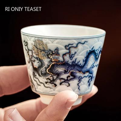 1 Stk. Chinesische Vintage Keramik Teetasse Handbemaltes Blau-Weißes Drachenmuster Teeschale Handgefertigte Porzellan Teetasse Teegeschirr 40ml