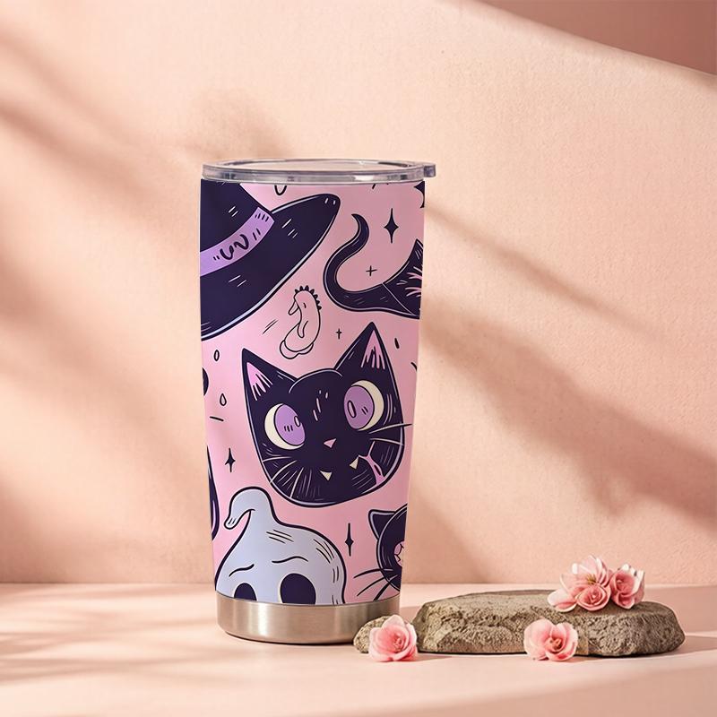 Car Tumbler 591ml Black Cat Ghost Skull Element Straw Cup Insulated Travel Cup Metal Drink Mug Stainless Steel Tumbler Coffee Tumbler