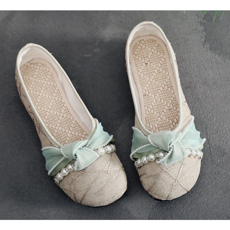 New Pearl Decorated Soft Bottom Flat Women's Shoes Spring Casual Breathable Lightweight Cotton Upgraded Version Fairy Style