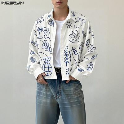 Chemises Casual Amples à Manches Longues et Col Revers à Imprimé Floral pour Hommes