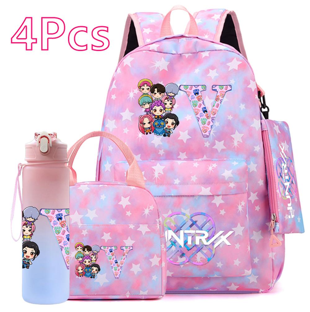 4Pcs/set 26 English Letter K-POP Printed Backpack Handbag Pencil Case 750Ml Water Bottler for Teenager Boy Girl Bookbag Schoolbag With Drinking Cup