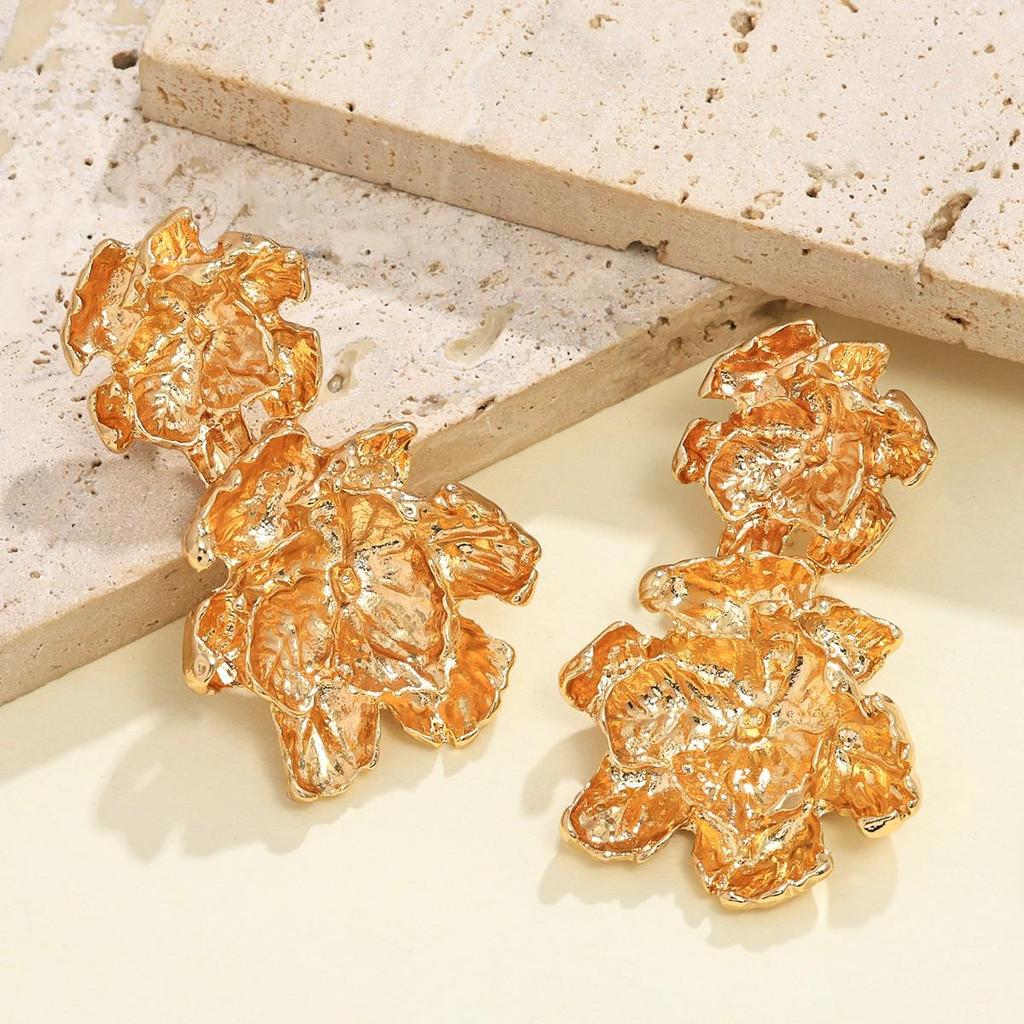 European & American Metallic Floral Stud Earrings - Exaggerated, Three-dimensional, Light Luxury, Double Layer Design