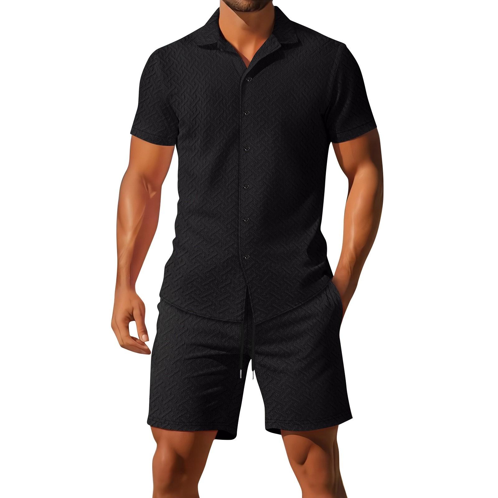 

Men s Summer Solid Color Short Sleeve Shirt And Shorts Set Men s Loose Sports And Casual Shirt And Shorts Set XXL чорний